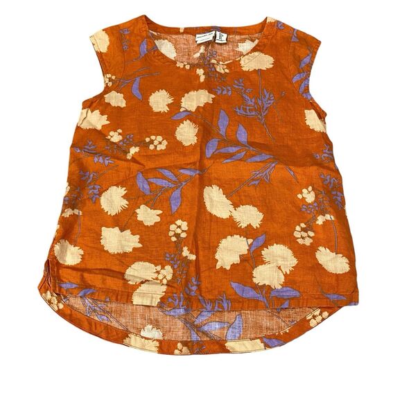 Rachell Zoe 100% Linen Women Top Small Rust/Brown Floral Shirt Flutter Sleeve - Picture 3 of 8